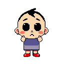 A small, stylized character with a worried expression stands in a void, hands raised in a questioning gesture. The chibi-like figure's bright red shoes offer a pop of color against its muted attire, creating a cute yet apprehensive vibe.