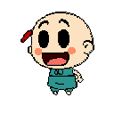 This charming pixel art features a joyful, light-skinned figure with rosy cheeks and a wide, open mouth, wearing a teal jumpsuit. The simple design and bright colors against a black background create a cute and nostalgic vibe.