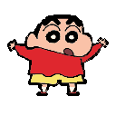 A pixel art image shows a pink-skinned, childish character with a surprised expression, arms raised in excitement, wearing a red shirt and yellow shorts. The simple design and bright colors evoke a playful and energetic vibe.