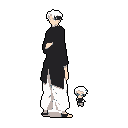 A pixel art image showcases a lean, white-haired character alongside a chibi version of himself against a black background, possibly depicting different forms or a character study. The adult figure, clad in a dark tunic and patterned pants, strikes a confident pose next to his miniature counterpart. The stark black background emphasizes the character's monochromatic design.