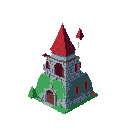 This pixel art showcases a quaint, slightly ominous stone tower with a striking red roof, rendered in isometric view. Patches of ivy climb the weathered walls of the old structure, evoking a sense of mystery and forgotten history.