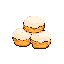 This pixel art image features a stack of three delicious-looking muffins or cupcakes with white frosting, rendered in a charming retro style. The minimalist design and warm color palette create an appetizing and inviting vibe, highlighting the sweet treat against a black backdrop.