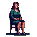 A pixel art woman sits in contemplation, her muted colors and upward gaze creating a somber mood against the stark black background. Her clasped hands and thoughtful expression suggest a moment of quiet reflection.