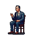 This pixel art image features a seated man in a suit, gesturing as if speaking. The professional figure, rendered in muted tones, appears contemplative in the simple portrait.