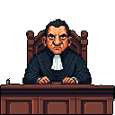 This pixel art depicts a stern judge, rendered in retro style, presiding from behind his bench. His intense expression and formal attire convey authority and a sense of serious judgment.
