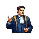 A pixelated scholar or professional passionately gestures, his intense expression conveying conviction. Adorned in a blue robe and gold sash, he embodies a serious and slightly dramatic presence. The classic pixel art style lends a nostalgic feel to this distinguished figure.