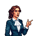 This pixel art depicts a determined woman in a business suit, gesturing emphatically as if making a strong point. Her intense expression and dynamic pose suggest a serious or confrontational discussion.