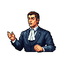 This pixel art portrait captures a man in formal attire, mid-speech with a pointed gesture and determined expression. He evokes a sense of drama and serious conversation, reminiscent of a vintage video game character.