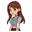 This pixel art portrait showcases a charming young woman with flowing brown hair and light blue tattoos, sporting a modern crop top and choker. Her gentle expression and casual style create a friendly and approachable vibe against the stark background. The image evokes a sense of nostalgic charm with a contemporary edge.