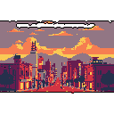 A pixel art cityscape basks in the warm hues of sunrise or sunset, with buildings lining a street stretching towards the horizon. A dramatic sky with silhouetted mountains creates a nostalgic and peaceful atmosphere.