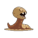 A monstrous, pixelated worm erupts from the earth with a roar or gasp, its earthy tones and stark white eyes creating an unsettling yet stylized image. The creature's lumpy form and wide-open mouth convey a sense of primal aggression or distress.