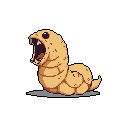 This pixel art depicts a fleshy, segmented grub-like creature with a wide-open, toothy mouth, seemingly caught in a scream or roar. Its frantic expression and tense posture create an unsettling yet comical vibe. The dark background isolates the creature, highlighting its primal aggression.