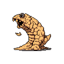 A monstrous, rock-like worm rears up, displaying sharp fangs and a wild eye in this striking pixel art. The creature's earthy tones and aggressive pose create a menacing and fantastical presence.