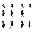 This pixel art showcases a character sprite sheet, featuring idle and walking animations. The figure, clad in dark clothing with a red accent, is depicted moving both left and right in a minimalist style. The limited color palette and simple design evoke a classic, functional aesthetic.