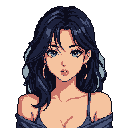 This pixel art portrait captures a captivating young woman with a demure yet alluring expression and striking blue eyes. Her subtly parted lips and bared shoulder hint at a quiet mystery, reminiscent of classic character portraits.