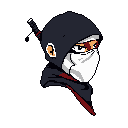 A pixel art ninja or assassin, masked and hooded, stares intently with a shadowed eye, hinting at a mysterious and dangerous past. The dark tones and visible katana hilt emphasize the character's stealth and combat readiness.