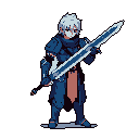 A lone, blue-armored warrior stands ready, his two-handed sword held firmly in a moment of quiet resolve. This pixel art evokes a classic, somber feel, focusing on the solitary figure's quiet strength.