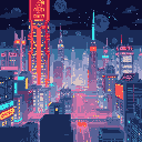 This pixel art showcases a sprawling cyberpunk metropolis under a dark, starry sky, its towering buildings illuminated by vibrant neon lights. The scene evokes a sense of wonder and the energetic chaos of a futuristic urban night.