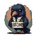 A pixelated, slightly solemn crow in a business suit holds a sign reading "UFCINE." This quirky character, set against a dark void with a subtle halo effect, exudes a unique blend of charm and melancholy.