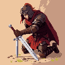 A lone, pixelated knight kneels in quiet reverence, their sword planted firmly before them in a moment of solemn reflection. The earthy tones and bowed posture evoke a sense of duty and quiet strength.