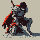 A weary, armored knight pauses in quiet contemplation, their vibrant red cape a stark contrast to their somber state as they rest with a massive broadsword.