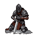 A pixel art knight kneels in solemn readiness, gripping a massive sword in the void. The heavily armored figure, rendered in muted greys and reds, evokes a sense of stoic strength and quiet resolve.