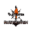 This pixel art logo features a fiery emblem with smoke above the name "RUSTHAVEN" in a gritty, blocky font. The minimalist design and stark color palette evoke a modern, potentially apocalyptic or industrial vibe.