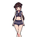 This pixel art features a young girl with a soft color palette, standing with a neutral expression and a touch of blush. Her simple attire and bright eyes create a gentle, youthful impression.