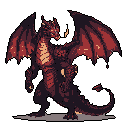 This pixel art showcases a formidable dragon in a dynamic pose, its fiery red and brown scales and expansive wings radiating power and menace. Against a stark black backdrop, the creature's watchful gaze and raised claws hint at ancient strength ready to be unleashed. The piece evokes a sense of classic fantasy with a modern, dramatic edge.