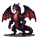 A fierce pixel art dragon stands poised with glowing eyes and fiery highlights, its dark scales hinting at molten power within. This imposing creature exudes primal energy and evokes classic fantasy monster designs.