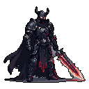 A menacing dark knight stands ready, his horned helmet framing glowing red eyes and his greatsword radiating fiery power. Rendered in detailed pixel art, the heavily armored figure exudes ominous strength and a touch of dark fantasy.