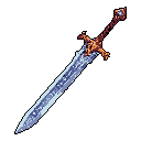 This pixel art showcases an ornate sword with a bronze hilt capped by a glowing gem and a shimmering, ice-crystal blade. The weapon's design blends warm and cool tones, evoking a sense of powerful enchantment and frozen magic.