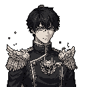 This pixel art portrait depicts a melancholic man in a detailed, military-style uniform with intricate epaulets and a dragon emblem. The muted color palette and ethereal details create an atmosphere of quiet intensity and refined elegance.