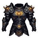 This pixel art showcases a formidable set of fantasy plate armor, glowing with intricate golden accents. The detailed design, featuring fiery crests and a regal emblem, evokes a sense of power and ancient craftsmanship against a stark black backdrop. It's a stunning display of pixelated majesty.