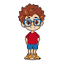 This charming pixel art depicts a cute, wide-eyed boy with blue glasses, rendered in a chibi style with vibrant colors. He smiles innocently, creating a friendly and approachable vibe against a stark black backdrop.