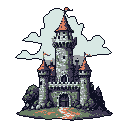 A majestic, multi-turreted castle rendered in pixel art stands proudly on a small hill. The weathered stone and muted colors give the structure a nostalgic and mysterious feel.