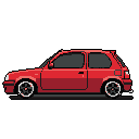 Retro vibes! This pixel art showcases a lowered, red hot hatch, a classic European hatchback car meticulously detailed in a side profile view. The black background isolates the car, highlighting its sporty stance and nostalgic design.