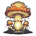 This pixel art image features a trio of glowing, iconic red and white Amanita mushrooms. The whimsical scene, with its vibrant colors and detailed rendering, evokes a sense of enchanted forest magic.