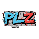 This pixel art image features the graffiti-style text "PLZ" in vibrant blue and red with bold white outlines, conveying a playful and urban vibe. The stylized letters, complete with distressed textures and paint drips, create a cool street art aesthetic.