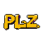 This pixel art features the text "PLZ" in vibrant yellow, distorted with a retro glitch effect using white and purple pixels. The minimalist design evokes a sense of urgency and nostalgic digital aesthetics.