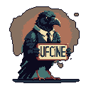 This pixel art image features a solemn, anthropomorphic raven in a business suit, holding a sign that reads "UFCINE." The dark, sophisticated color palette and formal attire create an enigmatic and slightly humorous impression.
