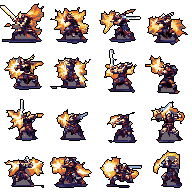 A 4x4 grid showcases a heavily armored warrior in dynamic pixel art sprites, depicting a sequence of intense combat actions. Glowing magic and explosive energy radiate from the knight's attacks, creating a vibrant and action-packed display.