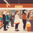 This pixel art depicts a typical supermarket checkout scene, with five shoppers waiting in line and a cashier attending to them. The figures are stylized and set against a backdrop of detailed product shelves, capturing a quiet moment of everyday routine.