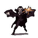 This pixel art depicts a menacing vampire-like figure lunging forward, unleashing a burst of vibrant energy from his hand. The dynamic pose and stark color palette create an intense, action-packed scene.
