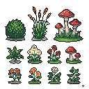 This pixel art showcases twelve unique flora assets, ranging from lush bushes and colorful flowers to whimsical mushroom clusters and cattails with magical sparks. These vibrant, detailed plants are perfect for enriching any nature-themed pixel art project.