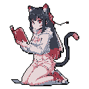 A pixel art image shows a cat-eared girl kneeling and engrossed in a book, her calm expression and muted color palette creating a peaceful and cozy atmosphere.
