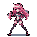 This pixel art depicts a dynamic anime-style demon girl with striking pink hair and a