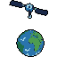 A pixel art satellite orbits above a detailed Earth, its blue body and solar panels contrasting against the black void of space. The image evokes themes of technology and global connection.