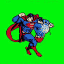 A pixelated Superman delivers a devastating blow to another Superman amidst a neon green backdrop, the impact exploding in a burst of light and energy. The scene captures a violent clash between the iconic hero and his doppelganger, showcasing raw power and retro gaming vibes.