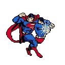 This pixel art Superman delivers a powerful blow, his iconic suit and cape dynamically rendered in a retro style. A burst of light emanating from his fist amplifies the sense of impact and raw energy.